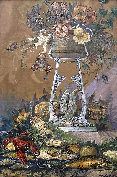Flowers in a Vase on a Stand with Asparagus, Lobsters, Oysters and Fish (oil on canvas)