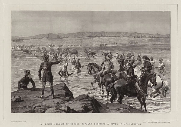 A Flying Column of Bengal Cavalry crossing a River in Afghanistan (engraving)