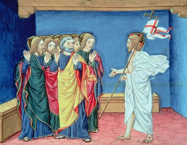Fol. 132va The resurrected Christ shows the disciples his hands and the wound in his side (vellum)