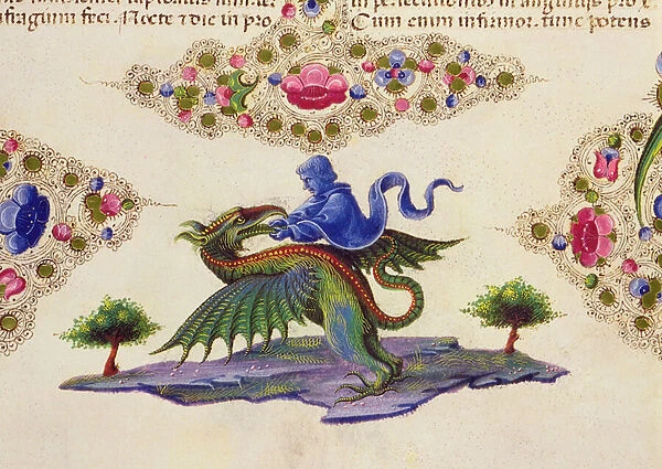 Fol. 198V A Genie and Winged Monster, from the Borso d Este Bible Vol. II, 1455-61 (vellum)