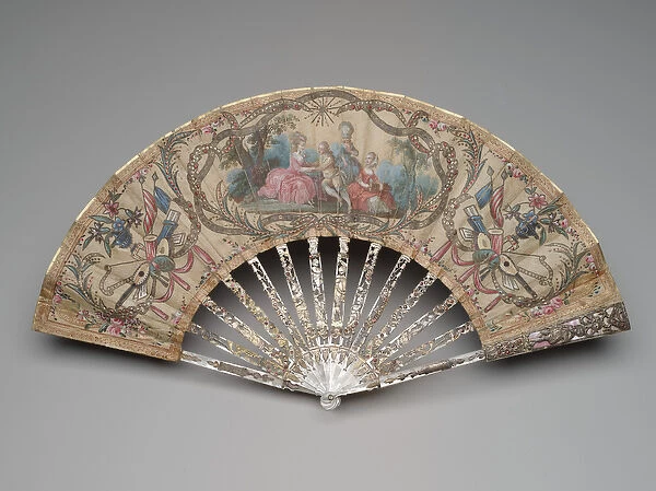 Folding fan with a courting scene and musical trophies, c