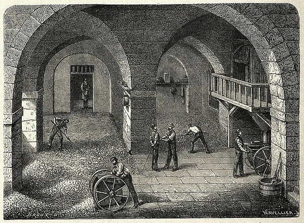 Food and Beverage. Brewery. Storage room for the barley. Engraving in: Grands hommes et grands faits de l'industrie, France, c.1880 (engraving)