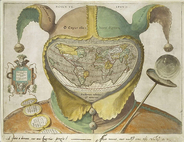 Fool's Cap World Map, c.1590 (hand-coloured engraving on off-white paper, with inscriptions in iron gall ink)