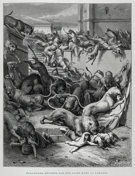 Foreign Nations Are Slain By Lions In Samaria, Illustration from the Dore Bible, 1866