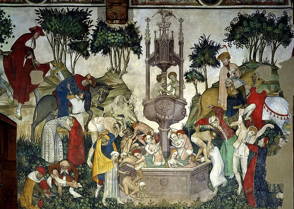The Fountain of Life, detail of people arriving and bathing in the fountain, 1418-30