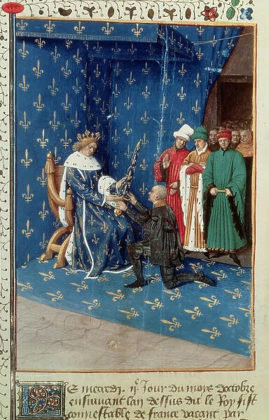 Fr 6465 f. 434v Charles V (1338-80) Knighting the Convert Bertrand Duguesclin