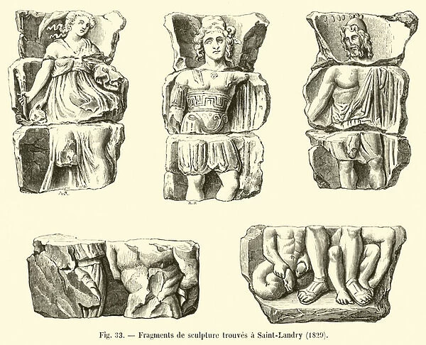 Fragments de sculpture trouves a Saint-Landry, 1829 (engraving)