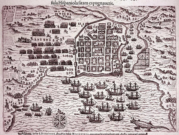 The Francis Drake fleet occupies the island of Santo Domingo (Engraving, 1595)