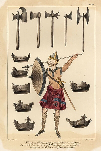 Frankish warrior, axes and franciscas (from a 7th century manuscript) and seven crowns (from the Portal of St)