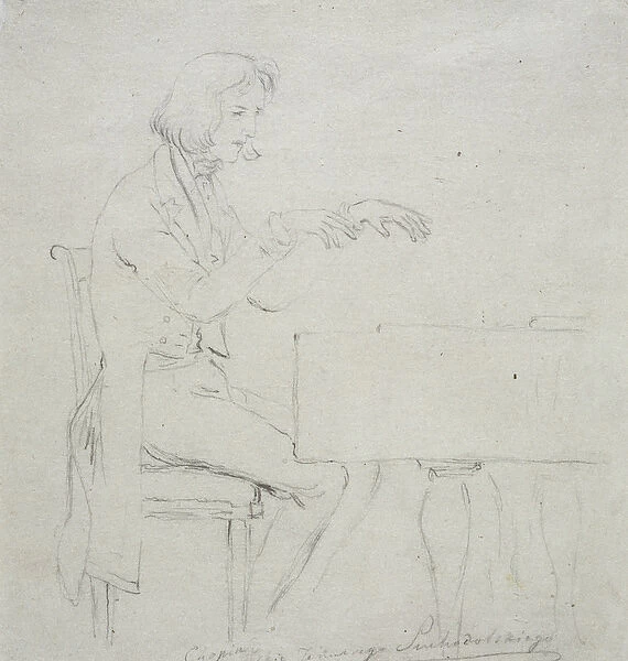 Frederic Chopin (1810-49) at the Grand Piano (pencil on paper)