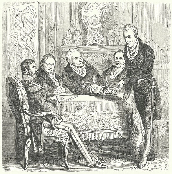 Frederick William III of Prussia in discussions with his Prime Minister, Karl August von Hardenberg and Klemens von Metternich, the Austrian Foreign Minister (engraving)