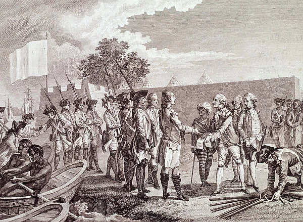 French army landing in Saint-Louis of Senegal, 1779 (Engraving, 19th century)