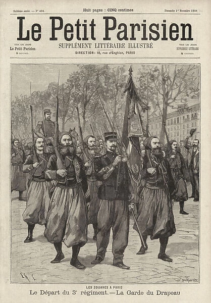 French army soldiers of the 3rd Regiment of Zouaves parading their flag in Paris, 1896 (engraving)
