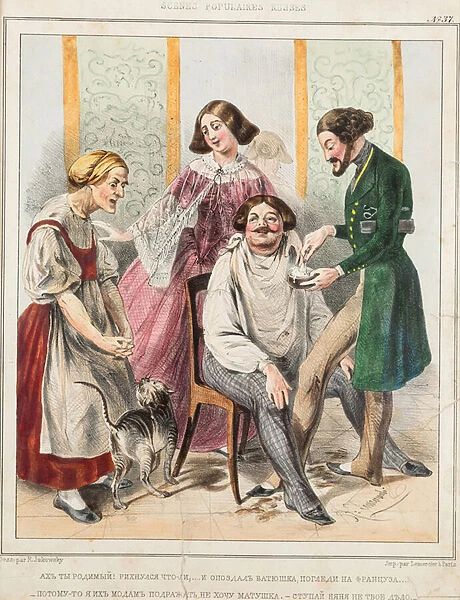 French barber in Russia par Zhukovsky, Rudolf Kasimirovich (1814-1886). Lithograph, watercolour, size : 33x24, 1842-1845, Private Collection