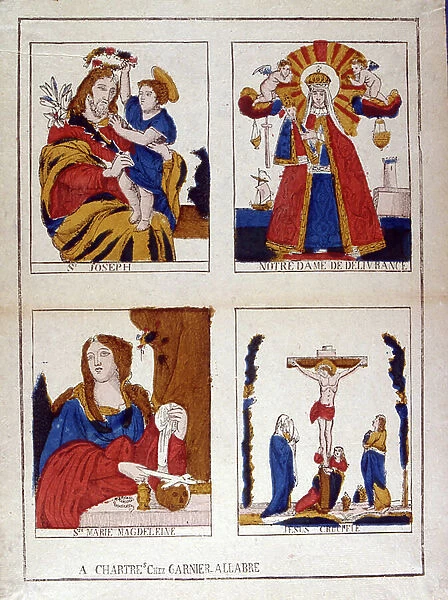 French Catholic Illustrations of Saints, Joseph, Notre dame de deliverance, Mary Magdalene, Jesus crucified. 1860 (engraving)