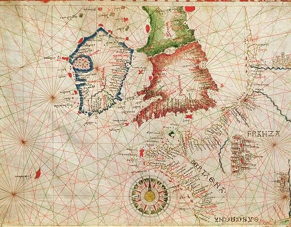 The French Coast, England, Scotland and Ireland, from a nautical atlas, 1520 (ink on vellum)