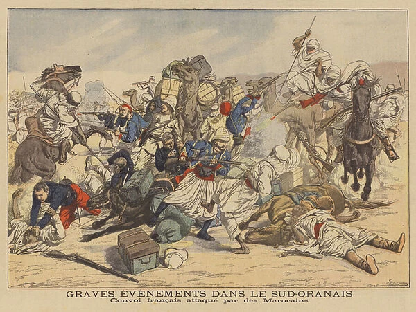 French convoy attacked by Moroccans in the Sud-Oranais, Algeria (colour litho)