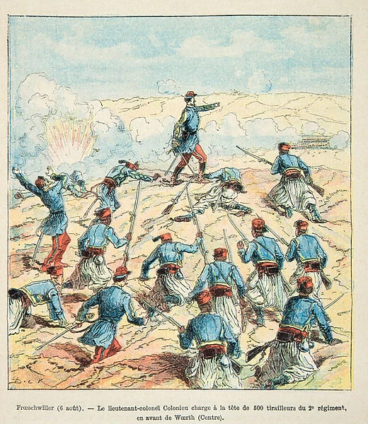 French and Germans, anecdotal history of the War of 1870-1871, 1888, illustration by Georges Hardouin (1846-1893) also says Dick de Lonlay: Charges of the Zouaves of Colonel Colonieu at the Battle of Froeschwiller on August 6