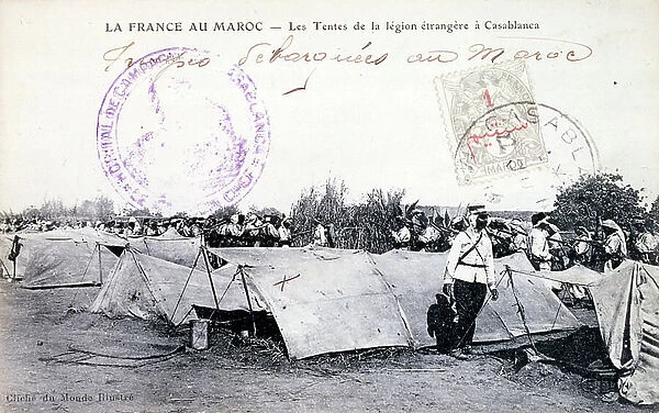French legionnaire colonial soldiers at a base in Casablanca, Morocco. postcard 1905
