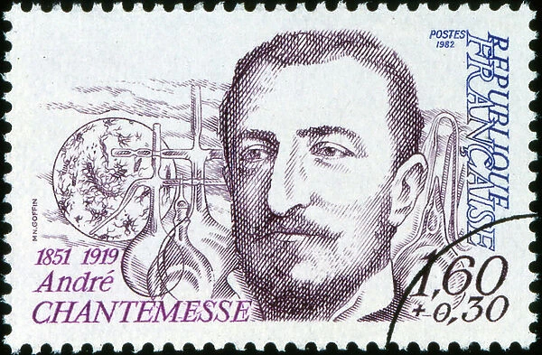 French postage stamp depicting Andre Chantemesse (23 October 1851 - 25 February 1919) a French bacteriologist born in Le Puy-en-Velay, Haute-Loire