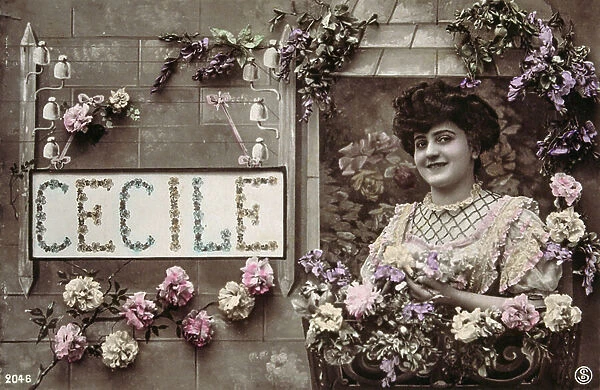 French postcard with image of a woman holding flowers, 1900