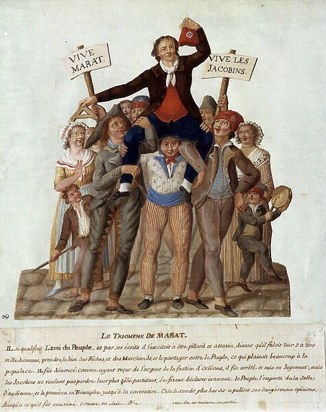 French Revolution: 'the triumph of Marat'Jean-Paul (Jean Paul) Marat (1743-1793), deputee of Paris at the National Convention, bears in triumph by the people for their violent positions against the rich in favour of