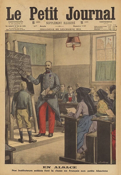 French soldier teaching a class of schoochildren French in Alsace (colour litho)
