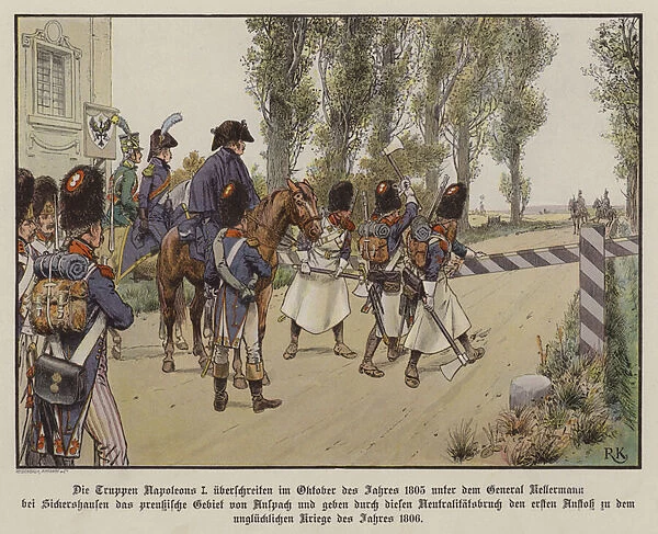 French troops under the command of General Kellermann cross the border into Prussian territory at Sickershausen, October 1805 (colour litho)
