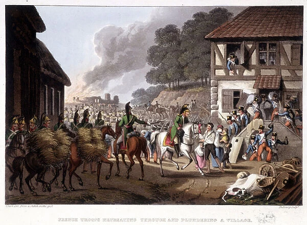 French troops in retreat and looting a village - in 'Historical