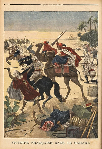 French victory in the Sahara, a scene of combat in the desert between the army and the Tuareg rebels, before the capture of In Salah, a nevralgic refuelling centre for the rebels. Engraving in 'Le petit journal'21  /  1  /  1900