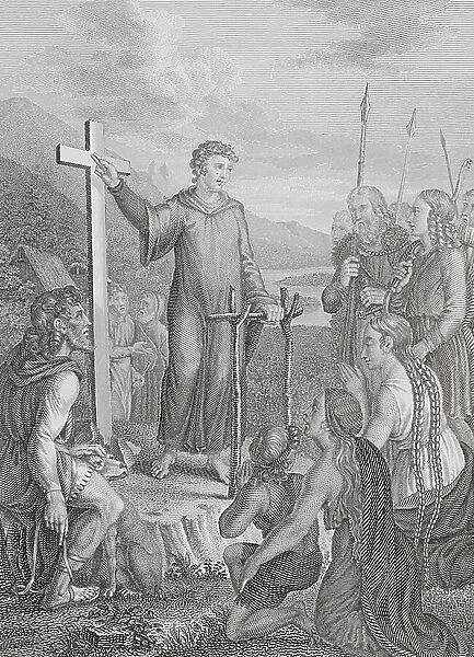 Fridolin of Sackingen preaching Christianity to the Alemanni, early 6th Century (engraving)