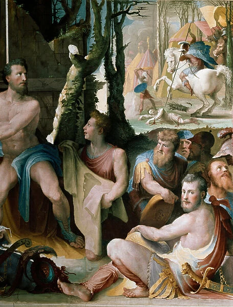 Friesland: the sacrifice of Codros king of Athens, detail. Greek mythology: Codros (or Codrus) learning from an oracle that the advantage of war between the Dorians and the Athenians would belong to those whose leader would be killed
