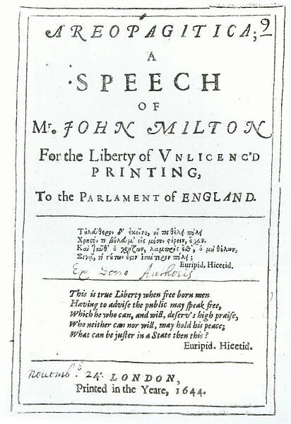 Frontispiece of Areopagitica, a speech of John Milton (1608-74) pub
