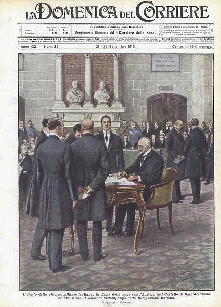 The fruit of Italian military victory, the signing of peace with Austria, in the Castle of Saint-Germain (colour litho)