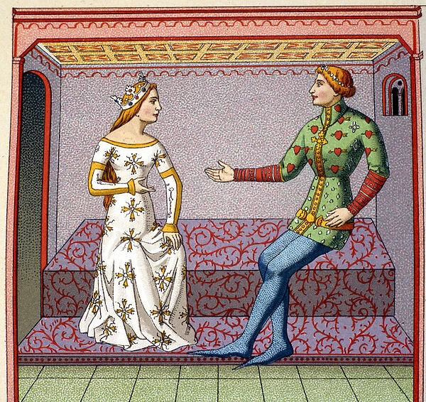 A galante scene in the Middle Ages: a young man courts a princess