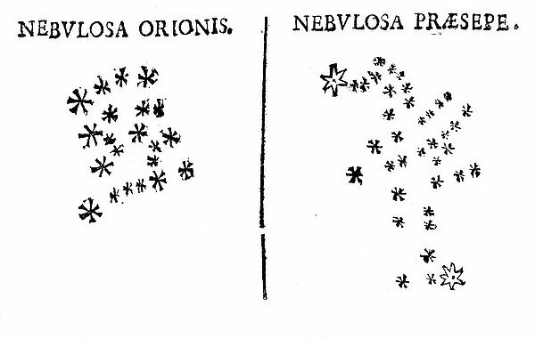 Galileo's observation of the star cluster in Orion and of the Praesepe cluster, 17th century (engraving)