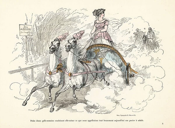 Gallo-Roman woman riding a biga two-horse chariot in the Bois de, 1850 (engraving)