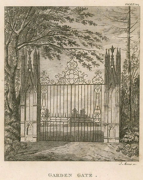 Garden gate at Strawberry Hill, Twickenham, London (engraving)