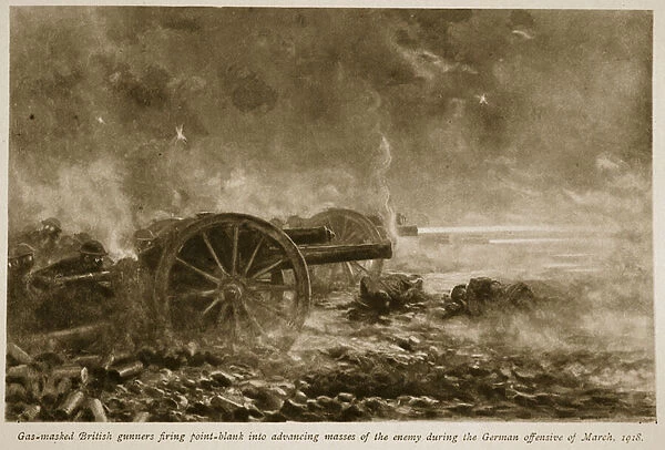 Gas masked British gunners firing point-blank into advancing masses of the enemy during