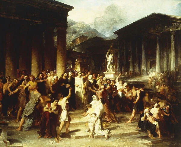A Gathering before the Temple, (oil on canvas)