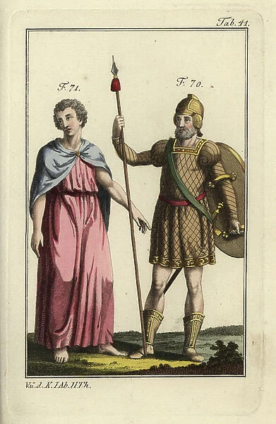 Gaul warrior in full battledress, with lance, shield, sword and helmet, and a Belgian woman. Handcolored copperplate engraving from Robert von Spalart's ' Historical Picture of the Costumes of the Principal People of Antiquity
