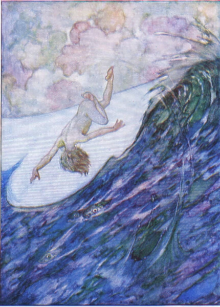He gave three ships out of the water, a yard high, and head over heels, from The Water Babies pub. by Humphrey Milford Oxford University Press, c. 1930 (colour litho)
