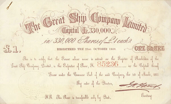 A £1 share certificate issued by The Great Ship Company Limited (engraving)
