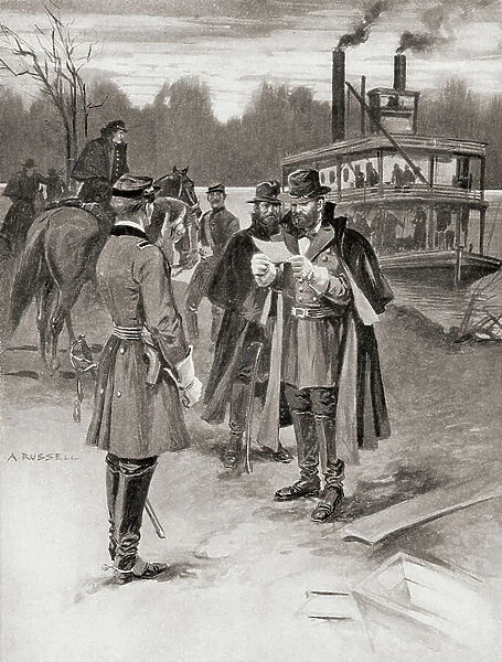 General Grant's arrival at The Battle of Shiloh, aka the Battle of Pittsburg Landing, in 1862, from The History of Our Country, published 1905 (litho)