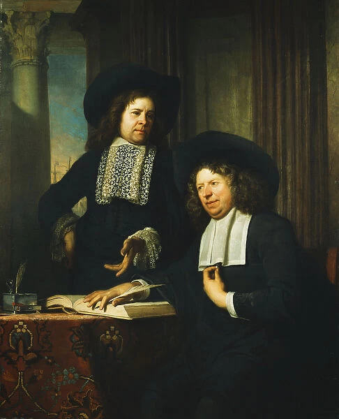 Two Gentlemen, One Seated at a Table, (oil on canvas)