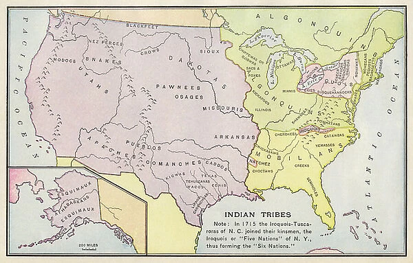 Geographic map of the distribution of Indian tribes (Iroquois, Algonquin, Modoc, Nez Perce, Blackfeet, Crow, Sioux, Ojibwa, Pawnee (or Paneassa, Pari, Pariki), Osage, Kiowa, Caddo, Choctaw, Chickasaw, Seminokee, Shawnee, Powhatan, Catawba