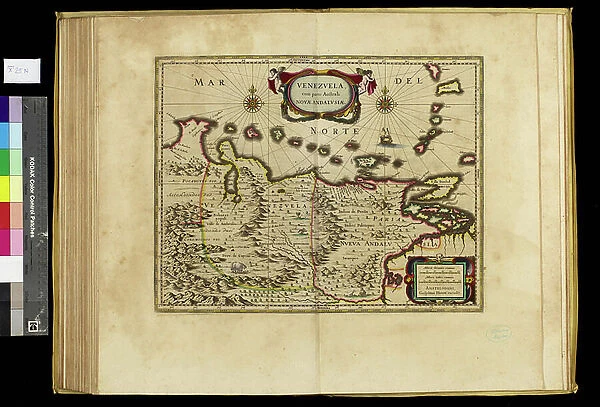 Geography map: representation of Venezuela in South America from an Atlas made by cartographer Willem Janszoon Blaeu (1571-1638), approximately 1630 Biblioteca Angelica, Rome