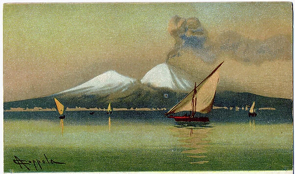 Geography. Volcano Mount Vesuvius and the Bay of Naples. Illustration by A. Coppola, Italy, c. 1920 (postcard)