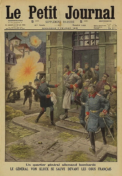 German General Alexander von Kluck and his staff fleeing as his headquarters comes under French artillery bombardment, France, World War I, 1915 (colour litho)