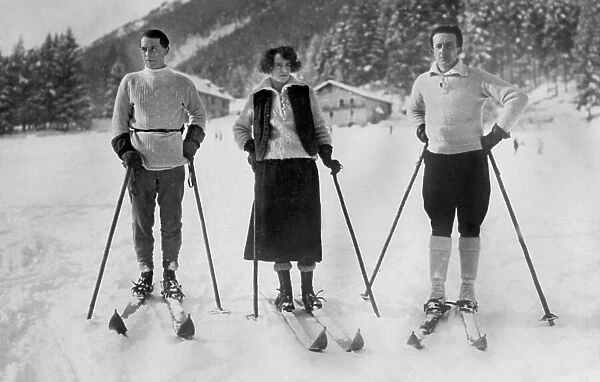 German painter and sculptor Max Ernst (1891-1976) and Paul Eluard with Gala at winter sports in Austria 1922
